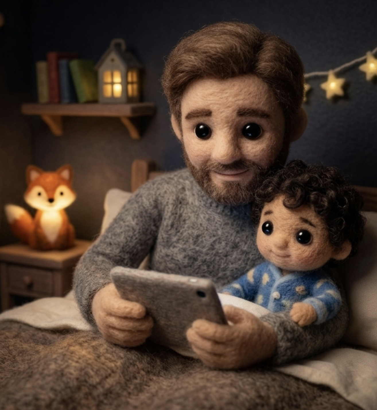 Vader en kind lezen samen een bedtime-verhaal op een tablet in een warm vilt-slaapkamertje